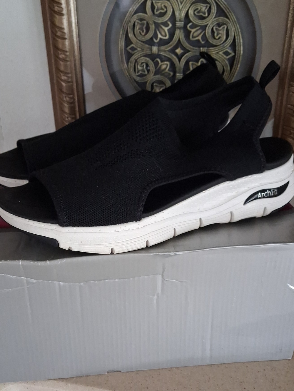 New! Womans Black Knit Slingback Sandals with White Sole